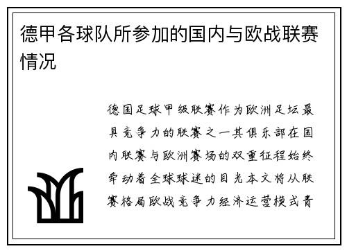 德甲各球队所参加的国内与欧战联赛情况
