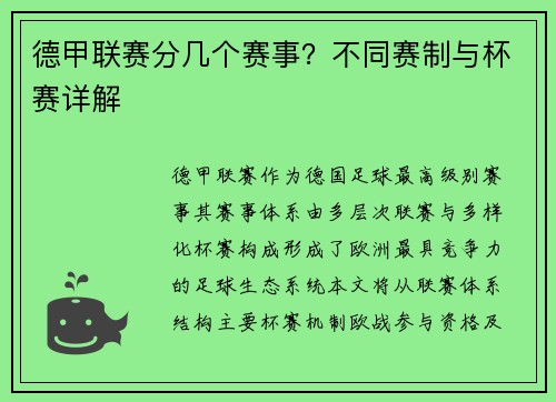 德甲联赛分几个赛事？不同赛制与杯赛详解