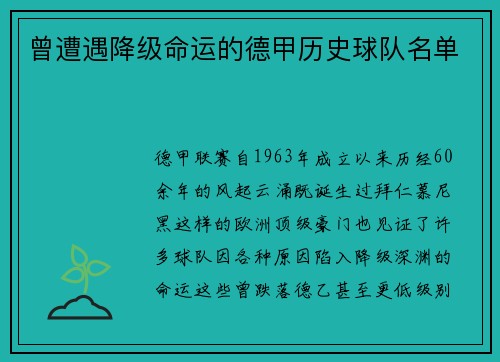 曾遭遇降级命运的德甲历史球队名单